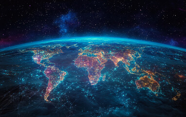 Obraz premium Explore a stunning perspective of Earth from space, illustrating interconnectedness through vibrant lights and networks, reflecting the pulse of global civilization in a vast cosmic setting.