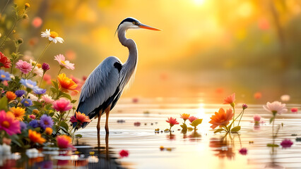 Naklejka premium Graceful Great Blue Heron in a Tranquil Water Lily Pond at Golden Sunset – Nature, Wildlife, and Serenity Concept