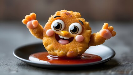 Whimsical Chicken Nugget Character on Plate with Sauce Ready to be Served
