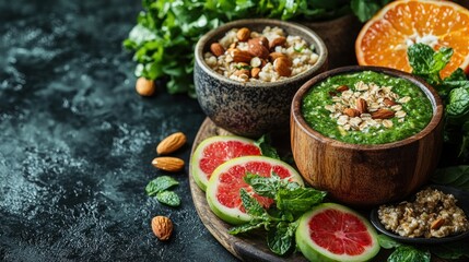 Fototapeta premium Healthy green smoothie and oatmeal breakfast bowls with citrus and nuts.