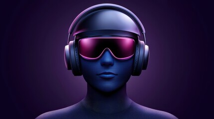 A stylized, blue-toned figure wearing futuristic pink-lensed goggles and large headphones is set against a dark purple background.