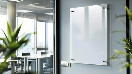 A blank white acrylic wall panel hanging on the side of an office, in a modern and minimalist style. 