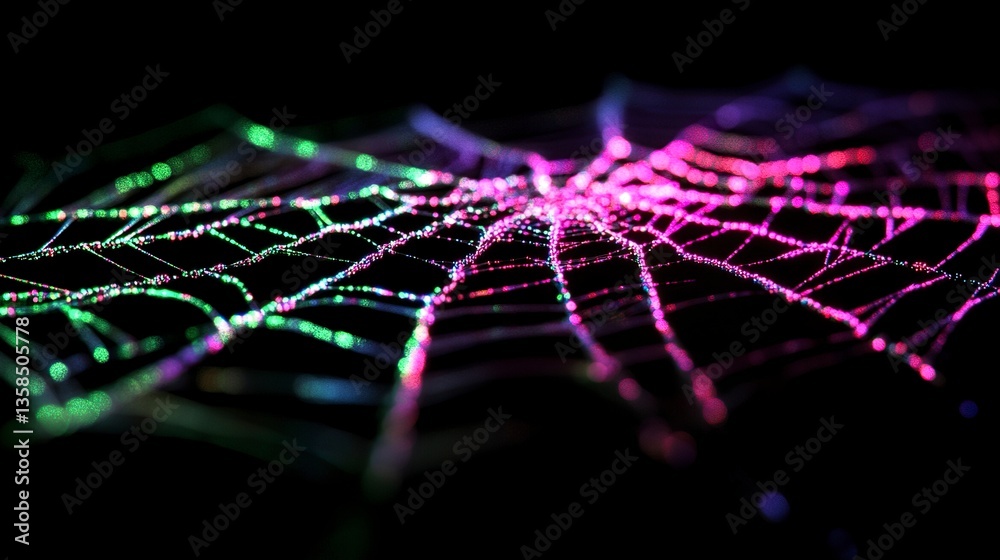 Wall mural mesmerizing neon spider web, its intricate structure glowing in bright pinks and greens, floating in