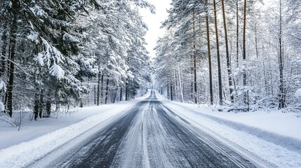 Obraz premium Snowy Forest Road in Winter Landscape, Scenic Mountain Journey Path through Rural Highway