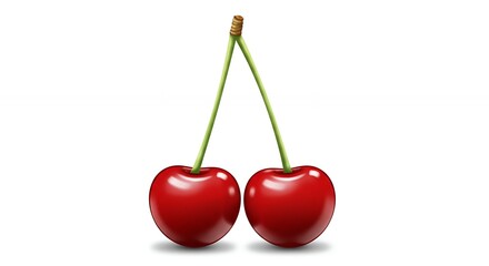 Two red cherries connected by stems, a sweet and delicious summer fruit