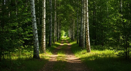 Obraz premium Sunlit path through birch tree grove peaceful scene. AI Generated