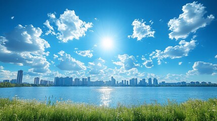 Cityscape panorama, sunny day, tranquil lake. Lush green grass bordering a calm lake, leading to a city skyline under a vibrant blue sky filled with fluffy white clouds. Sunlight highlights the scene