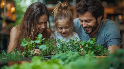 Fototapeta premium Happy family gardening together, planting herbs.