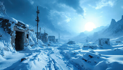 Snow covered structures stand in a cold and icy landscape