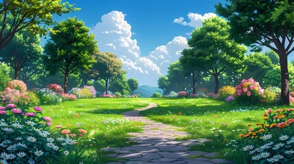 A Pathway Through Paradise: Capture the essence of tranquility with a meticulously detailed illustration, leading the viewer's gaze through a verdant paradise bathed in the sun.