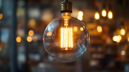Illuminating Ideas: A close-up view of a vintage-style light bulb illuminates a creative workspace, its warm glow signifying inspiration and innovation. 