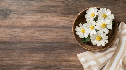 Obraz premium Cozy rustic wooden table decoration with fresh flowers home setting photography natural light aesthetic appeal