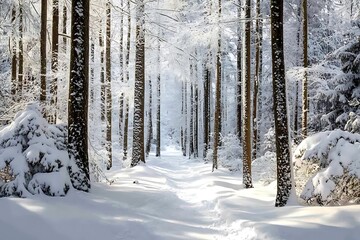 Fototapeta premium Dreamy snow forest wonder sparkles with otherworldly grace as trees dress in white and a peaceful odd feel flows 