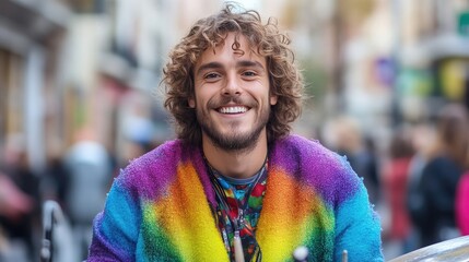 Smiling street musician with colorful garment