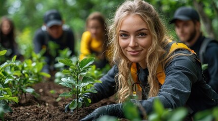Woman plants sapling, volunteering outdoors with group.