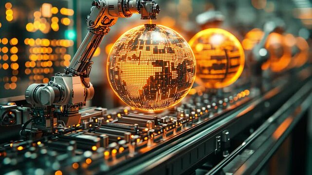 Futuristic automation technology features glowing robotic arms industrial manufacturing, showcasing innovation and advanced