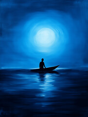 silhouette in boat under moonlight, serene water scene, contemplative solitude, dreamlike journey, spiritual reflection, blue monochromatic art.