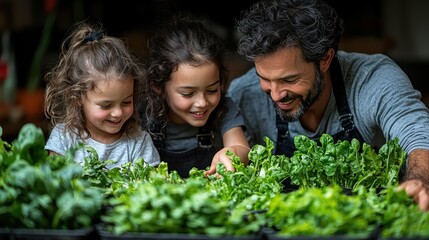 Happy family examining fresh herbs and greens at a farm.