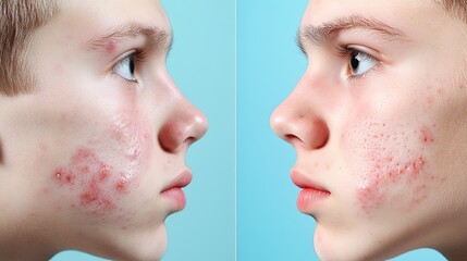 Obraz premium Young Teenage Boy Dermatology Acne Treatment Before and After. Teenager Facial Skin Inflammation and Pimple Removal Results