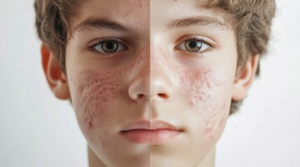 Obraz premium Young Teenage Boy Dermatology Acne Treatment Before and After. Teenager Facial Skin Inflammation and Pimple Removal Results