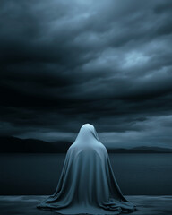 Hooded Figure in Blue Cloak Overlooking Dark Stormy Ocean