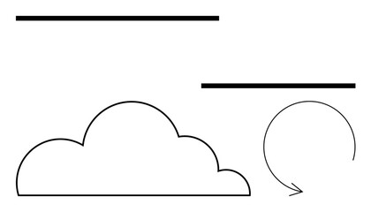 Cloud outline with curving arrow and horizontal lines for communication, data transfer, technology, cloud storage, process, connectivity, and abstract representation. Ideal for network, online