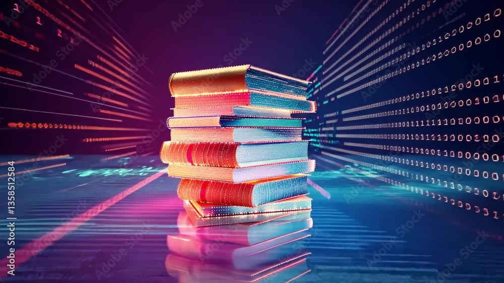 Poster futuristic digital books colorful stack illuminated by binary code, transforming modern reading and 