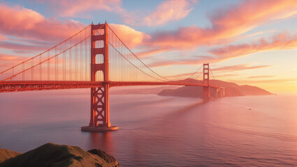 Fototapeta premium Golden Gate Bridge bathed in the breathtaking hues of a sunset, a majestic symbol of San Francisco's enduring spirit, with soft pastel skies and calm waters.