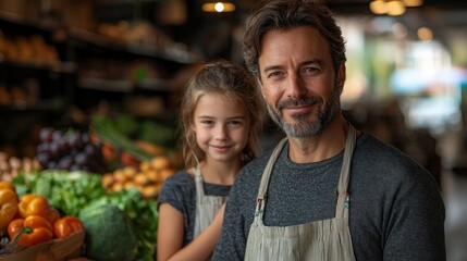 Father and daughter smiling in a grocery store.