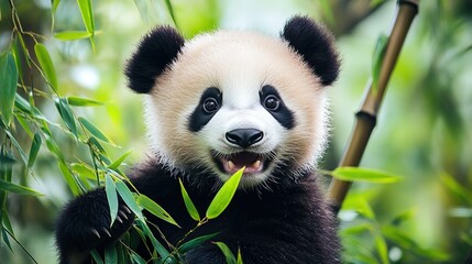 Obraz premium Adorable baby panda cub sitting playfully among fresh green bamboo leaves, showcasing its sweet kawaii smile as a cheerful forest creature in natural habitat.