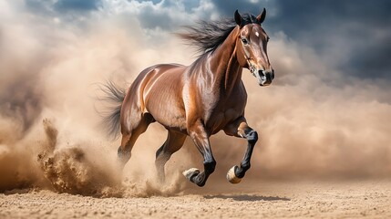 Obraz premium Beautiful Brown Horse Galloping in Desert: Freedom and Power of the Strong Equestrian Stallion