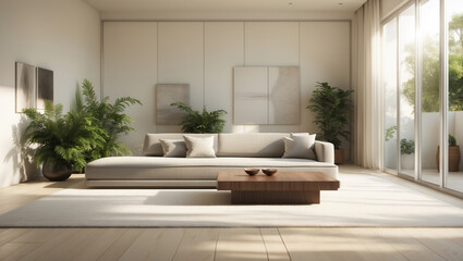 Serene sunlit living room featuring a minimalist beige sectional sofa, lush greenery, and calming neutral artwork, bathed in warm natural light.