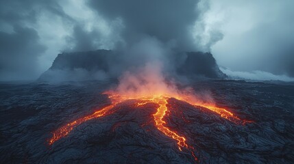 Erupting volcano with lava flow and dark clouds.