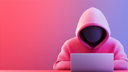 Anonymous Hacker Working on Laptop in Pink and Purple Neon Light