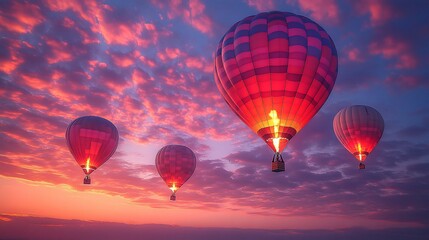Fototapeta premium Colorful hot air balloons floating in a vibrant sunset sky