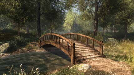 Fototapeta premium Rustic Wooden Bridge Spanning a Gentle Stream in a Lush Green Forest