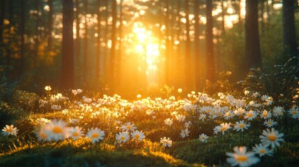 Sunlit daisies in a forest clearing at sunset.