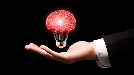 Businessman Holding a Glowing Light Bulb with Brain Icon – A Symbol of Innovation, Creativity, and Futuristic Digital Marketing Strategy