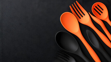 Black and Orange Kitchen Utensils on Dark Textured Background