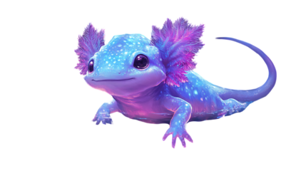 A magical axolotl tank with glowing mushrooms, crystal caves, and floating orbs. Digital painting style, neon blues/purples, ethereal lighting, transparent PNG