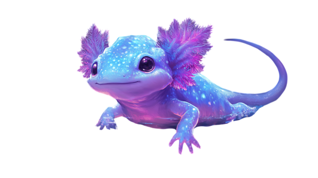 A magical axolotl tank with glowing mushrooms, crystal caves, and floating orbs. Digital painting style, neon blues/purples, ethereal lighting, transparent PNG