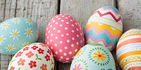 Colorful Easter Eggs with Various Patterns on Wooden Background.