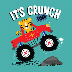Cartoon tiger driving red monster truck with giant wheels and bold crunch time text on teal background. Offroad adventure concept
