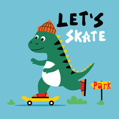 Obraz premium Cartoon dinosaur wearing orange beanie riding yellow skateboard near park sign on bright blue background. Kids activity concept 