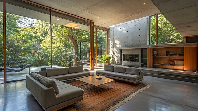 A beautifully designed modern residence with a combination of concrete, wood, and glass elements, ideal for showcasing innovative real estate listings. 