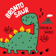 Cartoon brontosaurus dinosaur walking near volcano with doodle plants and sleep symbols on red background. Prehistoric animal concept

