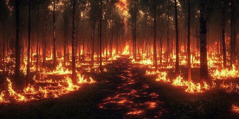 A forest is engulfed by an intense and raging wildfire