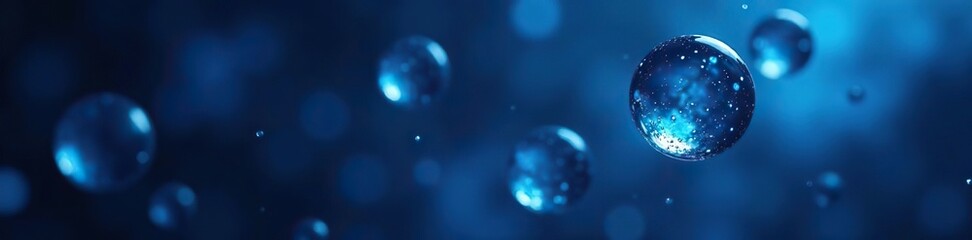 Dark blue background with floating spheres in glass morphism style,  website landing page template,  illustration