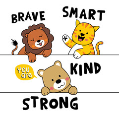 Cartoon lion tiger and bear with text brave smart kind strong on white background promoting positive values. Animal education concept  © zamart