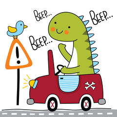 Cartoon dinosaur driving red car beeping near warning sign with bird on white background. Traffic safety concept
